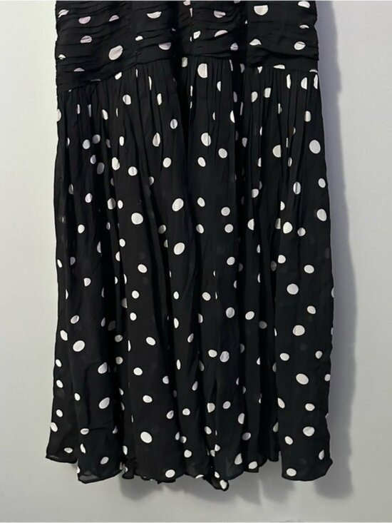 LOFT Polka Dot Midi Dress Black White Ruched Tiered Size 12 Coquette - Picture 5 of 12